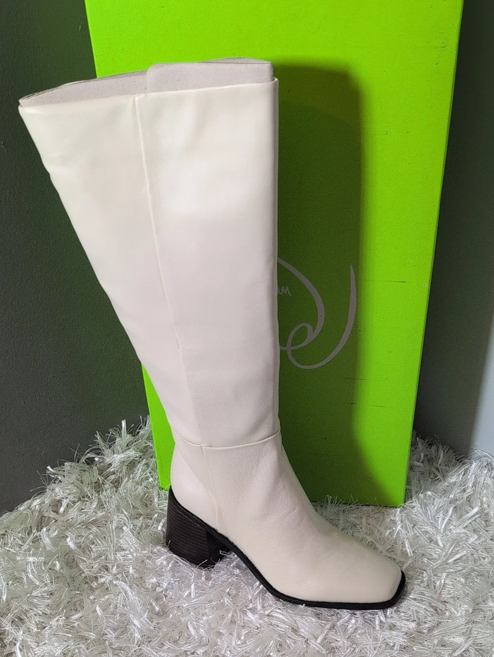 Sam Edelman Cream High-Wide Calf Block Heel Boots